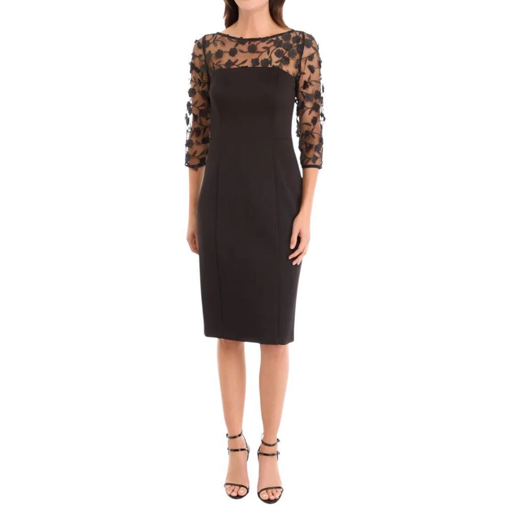 Eliza J Social 3D Applique Flower Black Scuba Knit Sheath Cocktail Mini Dress